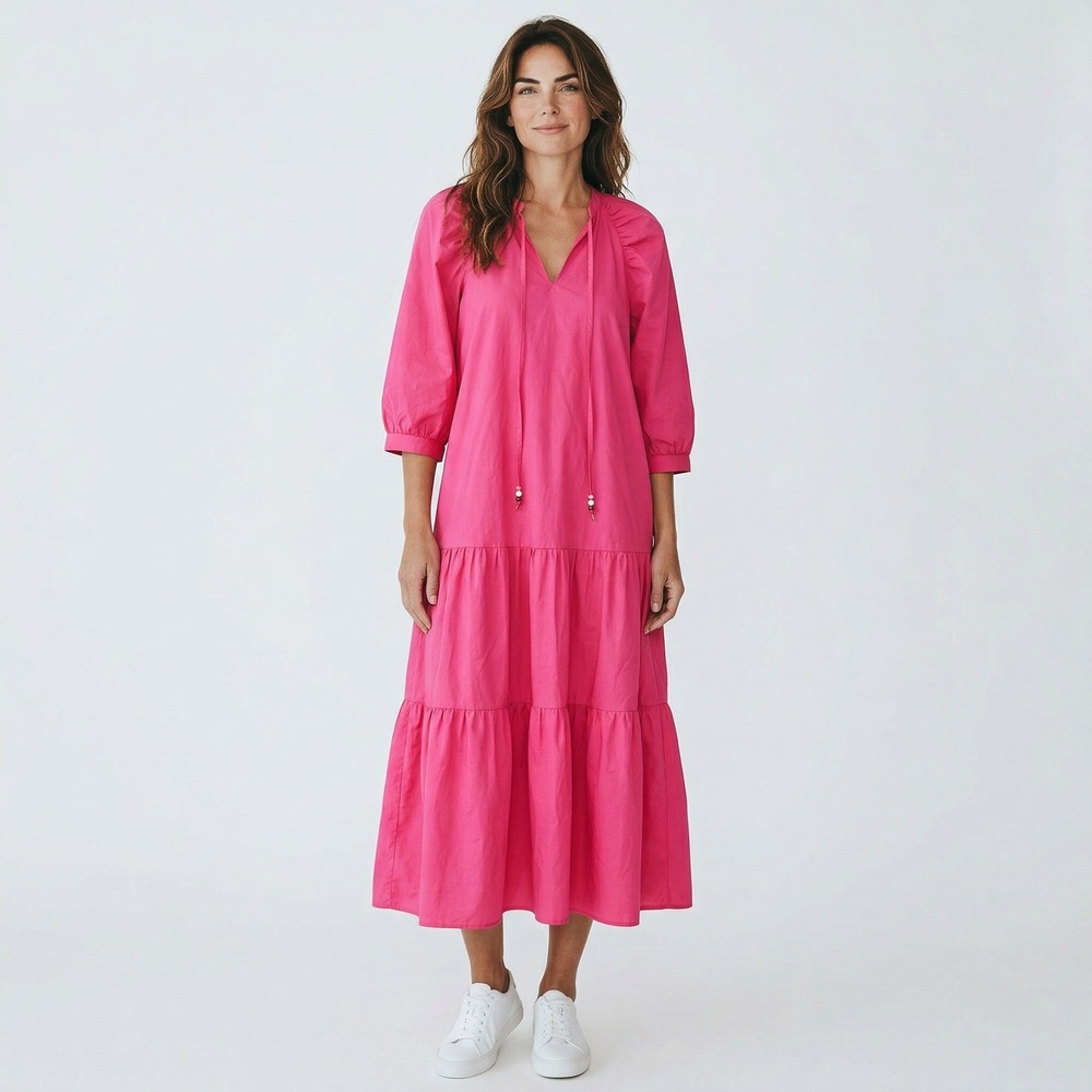 BOSS Hugo Boss Pink Depera Tiered Midi Dress 3/4 Puff Sleeve Cotton New Size 2